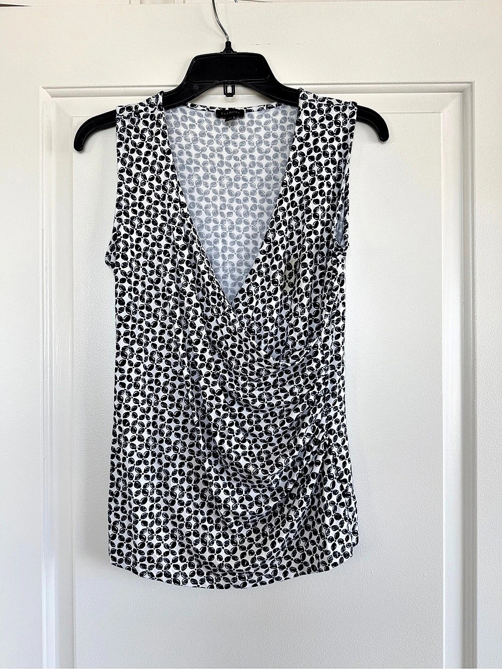 Talbots Sleeveless Faux Wrap-Top Draped Blouse White & Black Small